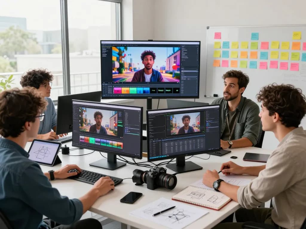 Team creating videos using seedance ai in a bright, modern workspace.