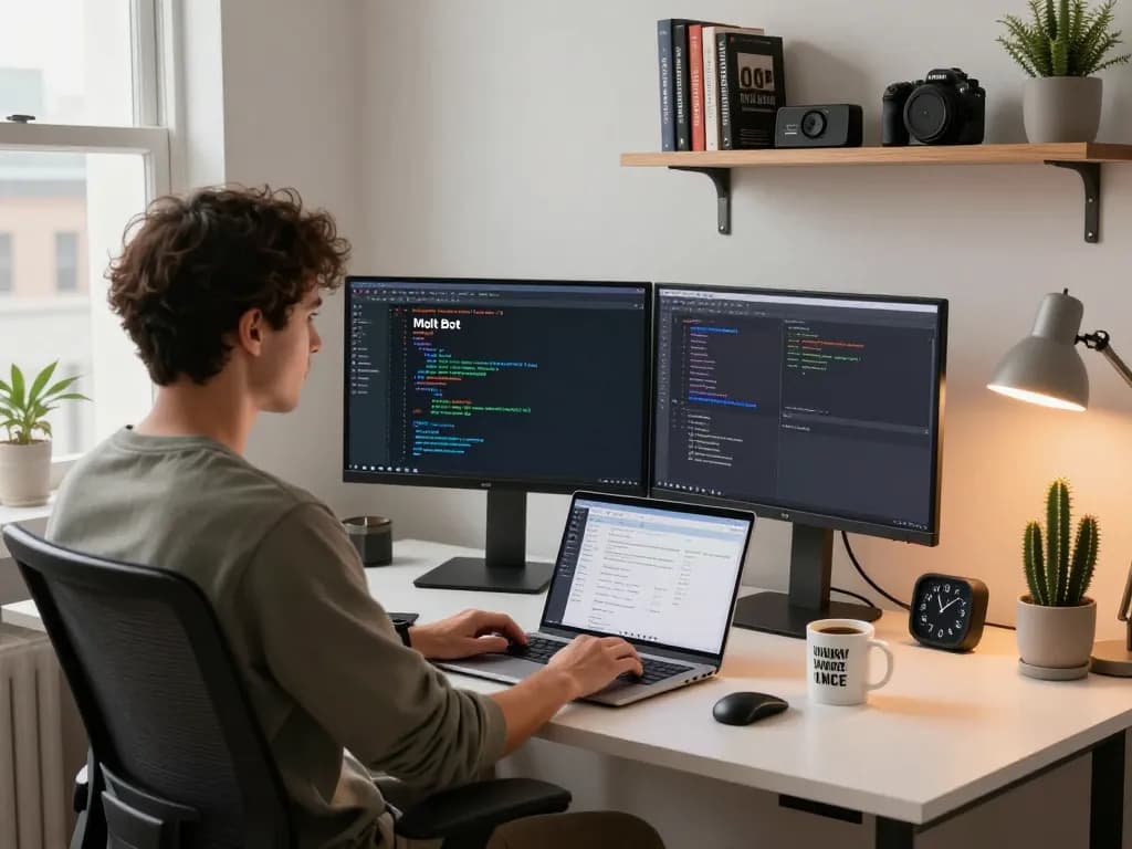 Molt Bot enhancing productivity in a modern home office, showcasing software development tools and workspace elements.