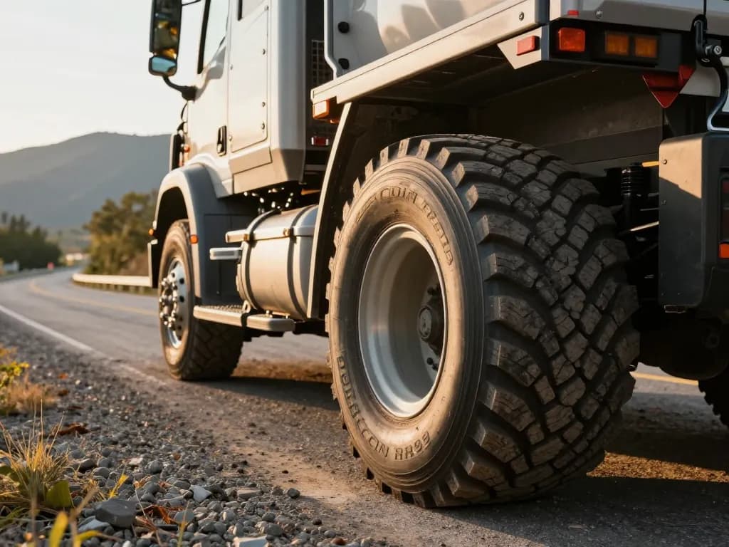 Close-up of RR99 tire on semi-truck in mixed terrain, showcasing durability and performance.