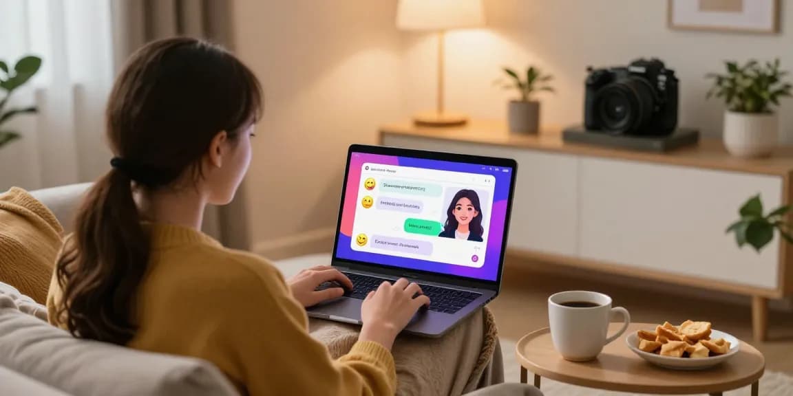 Interactive moment with an AI girlfriend chatbot on a laptop in a cozy home setting.