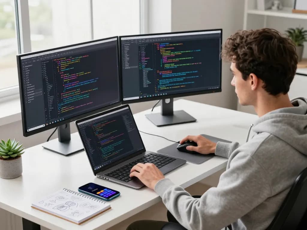Developer using clawbot in modern workspace with coding and productivity tools.