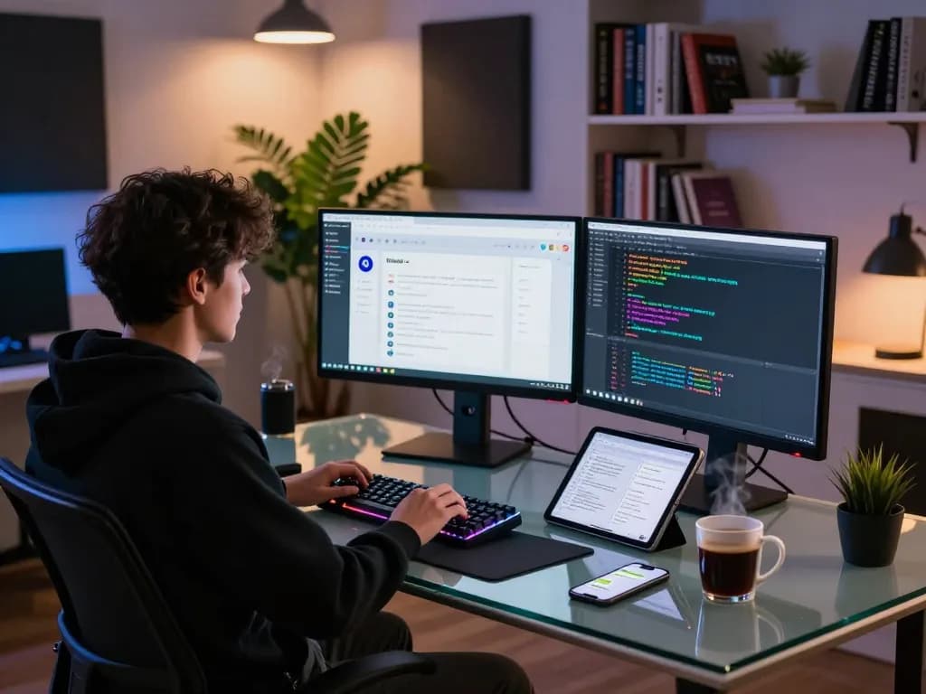 Innovative workspace featuring developer using Crushon AI chatbot tools at night.