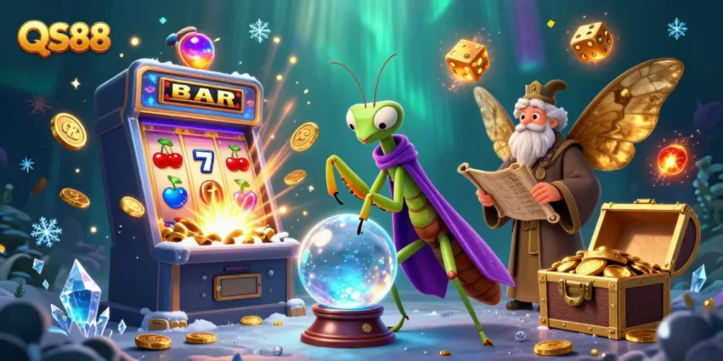 Engage with QS88's vibrant casino scene featuring a mystical fortune teller and slot machine excitement.
