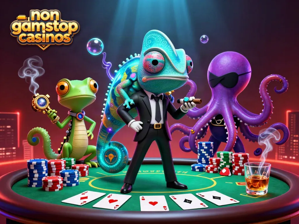 Engage with non gamstop casinos featuring a secret agent chameleon, gadgets, and poker elements in a dynamic scene.