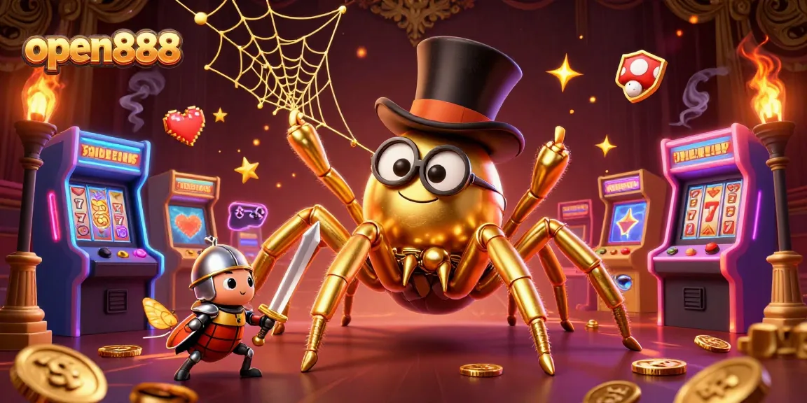 Engage with the open888 slot games scene featuring a golden tarantula and beetle knight.