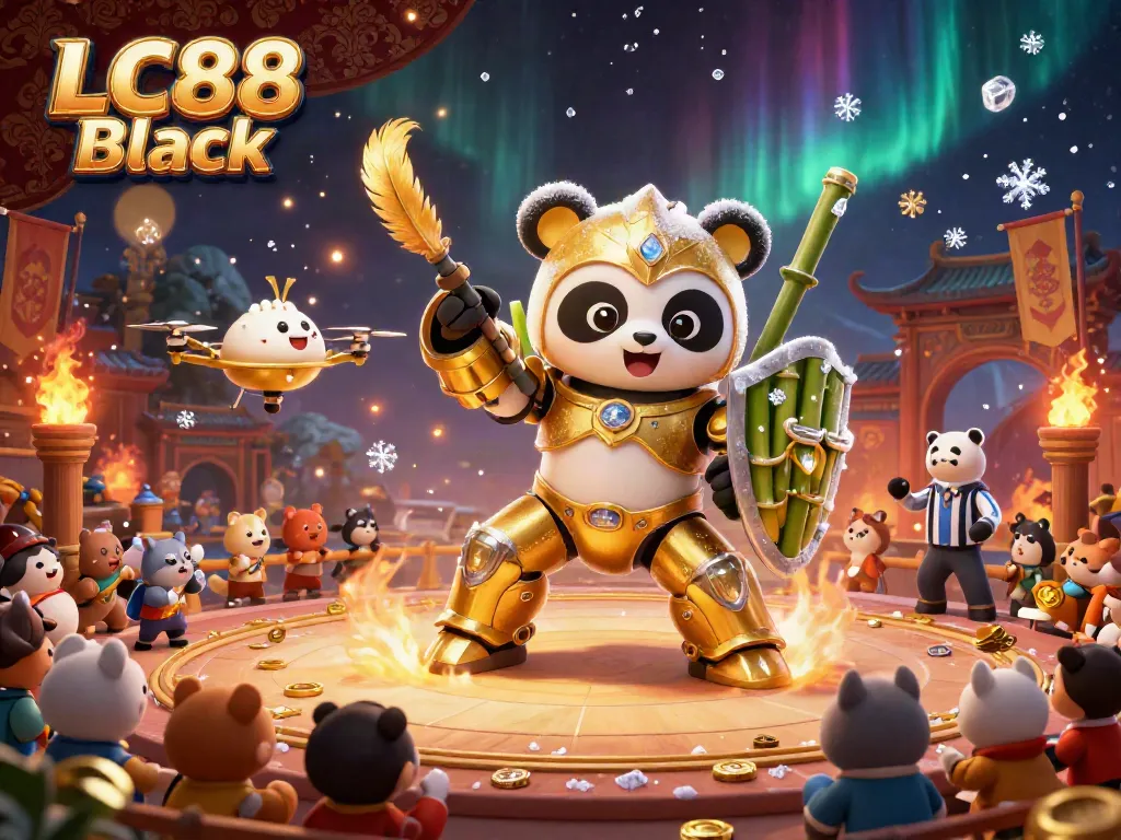 Experience exciting gameplay at LC88 Black with golden panda pilot, dynamic audience, and thrilling betting action.