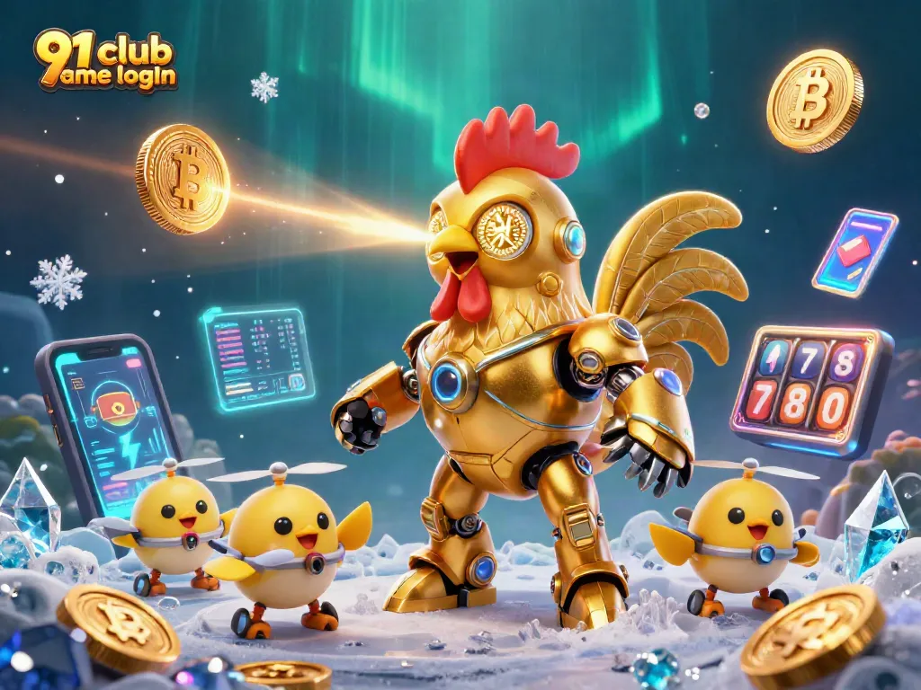 Engage with the 91 club game login featuring a vibrant scene of a golden rooster robot and drones amidst crypto coins and slot elements.