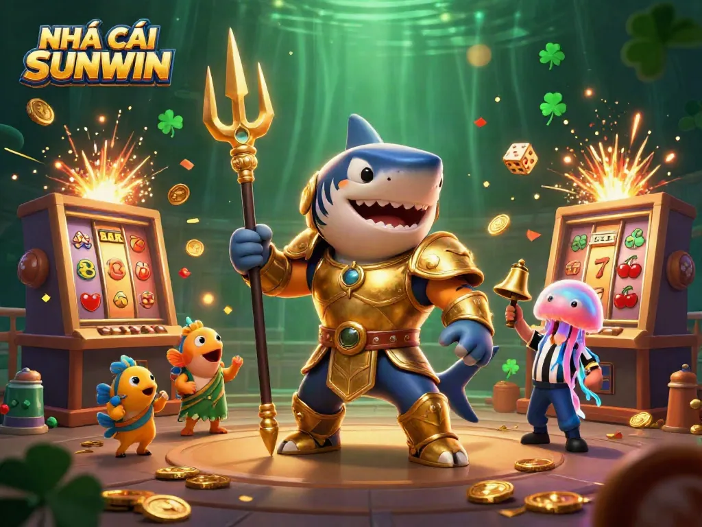 Join the action at NHÀ CÁI SUNWIN with exciting underwater jackpot adventures featuring a golden shark and vibrant casino elements.
