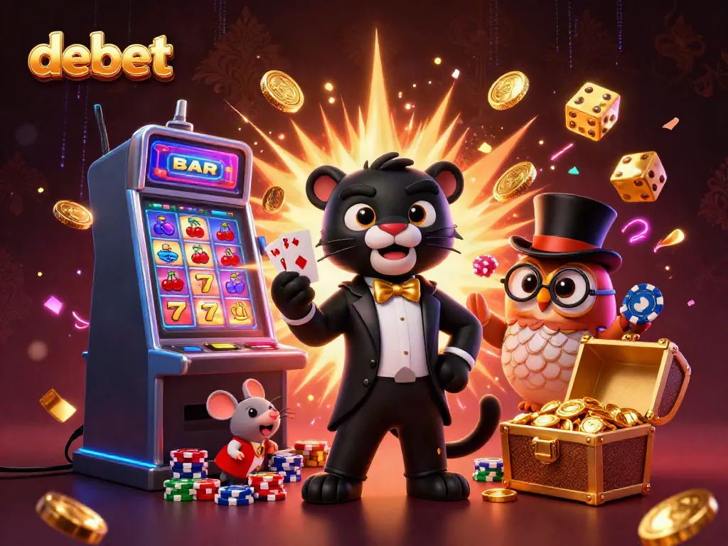 Experience the excitement of debet with a lively casino scene featuring a tuxedo-clad panther dealing cards and vibrant gaming elements.