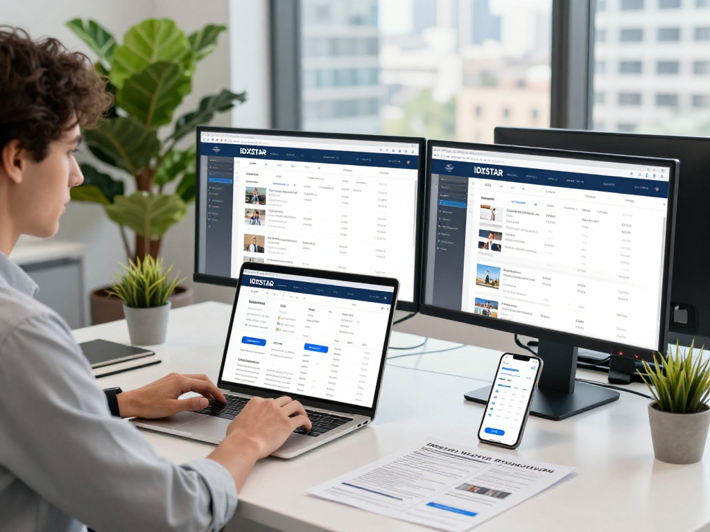 IDXSTAR real estate professional analyzing listings in a modern office.
