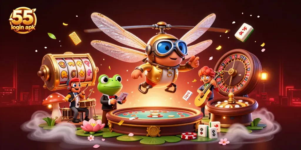 Experience exciting gaming with 55 club login apk in a vibrant 3D casino scene featuring dynamic characters.