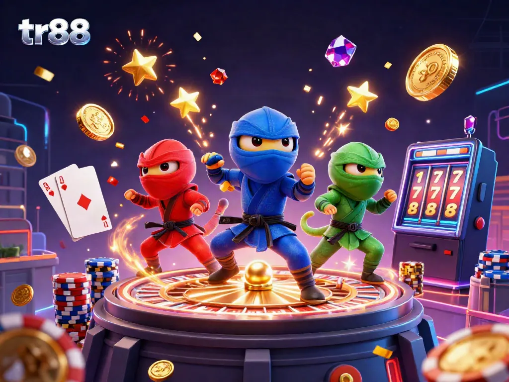 Experience thrilling action with tr88 as ninja chameleons engage in martial arts amidst casino elements.
