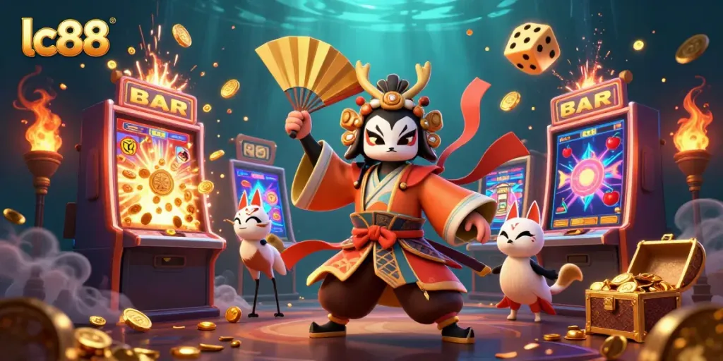 Engage in thrilling lc88 gaming with kabuki characters, explosive jackpots, and vibrant casino elements.