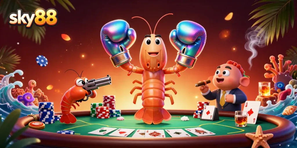Engage in thrilling poker action with sky88 featuring lively 3D characters and casino elements.