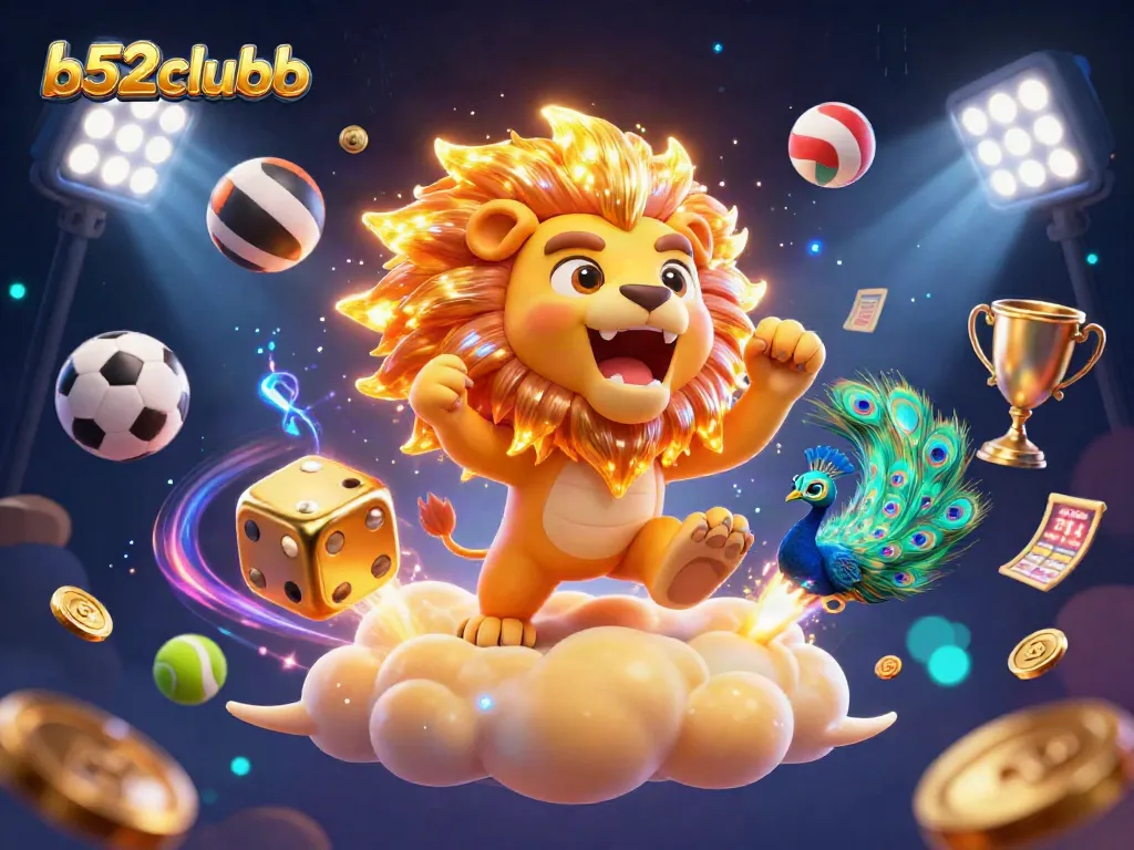 b52clubb showcases a vibrant 3D scene of gambling excitement with dynamic sports elements.