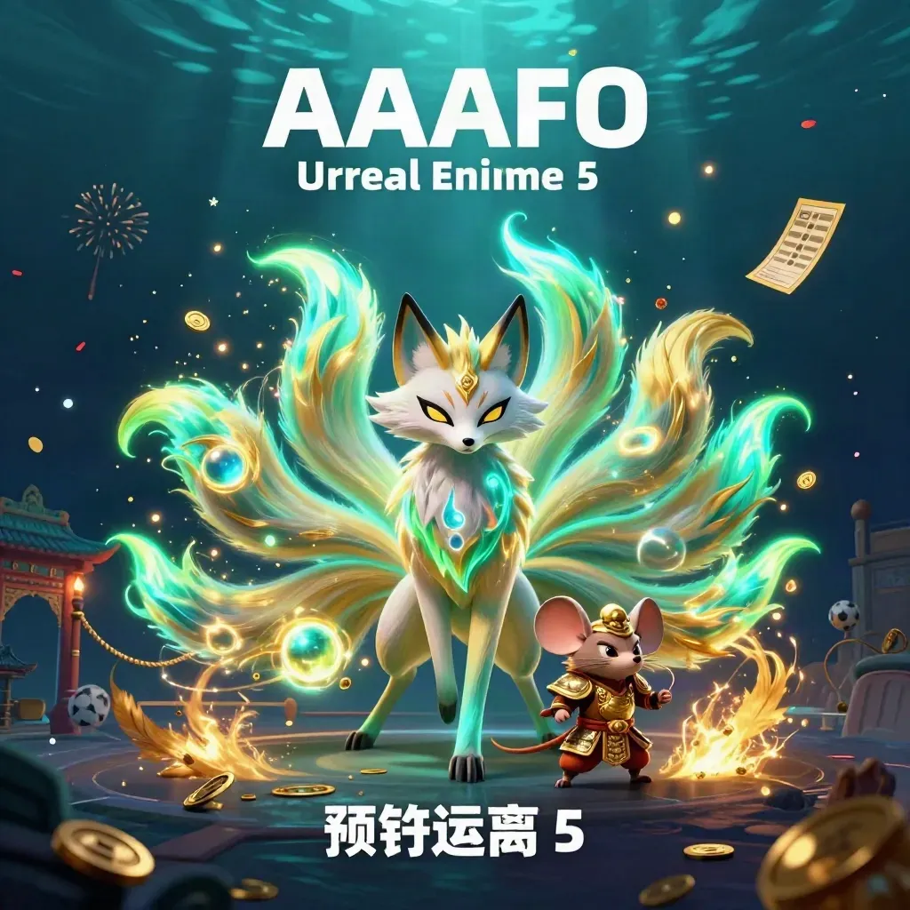 Cyan fox spirit and golden mouse amid casino treasure, sports props, temple gate, and glowing effects.