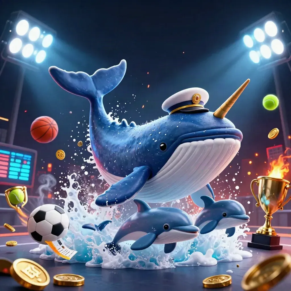 Whale, narwhal and dolphins explode through coins with flying balls and neon stadium lights.