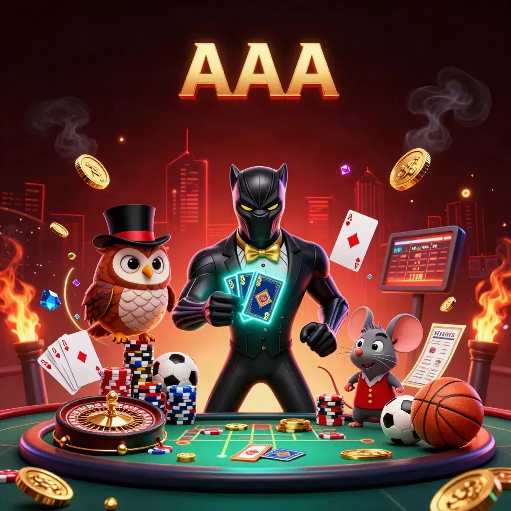 Panther, owl, and mouse in a neon casino blast with coins, chips, cards, and a spinning roulette wheel.