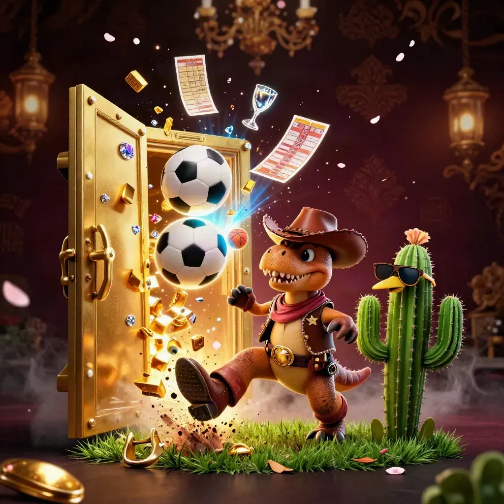 Cowboy T-Rex, cactus sidekick and roadrunner beside a gold vault, soccer ball and flying turf.