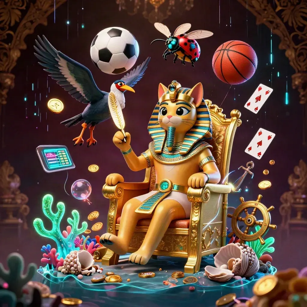 Pharaoh cat, ibis scribe, and gem-wing scarabs amid coins, coral, balls, and treasure glow
