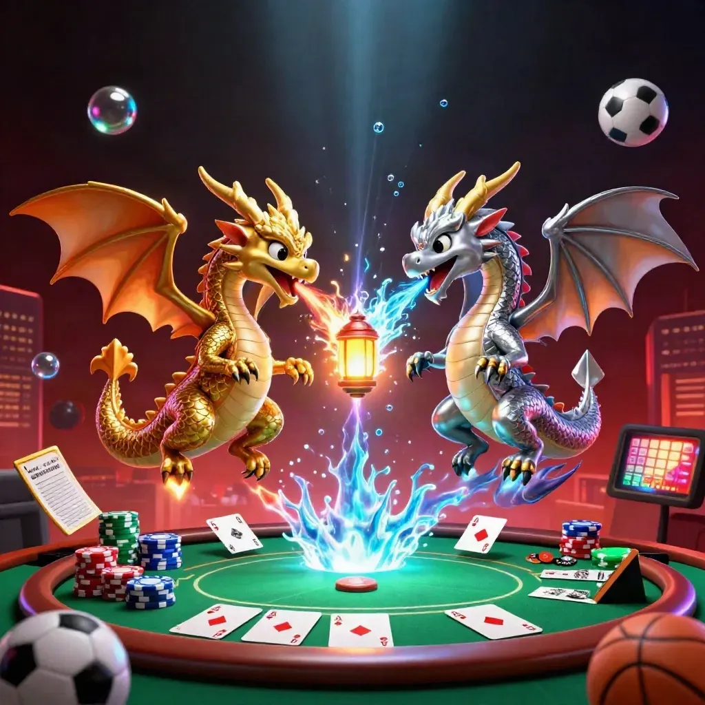 Gold and silver dragons collide in a neon casino sky with chips, balls, and glowing game props.