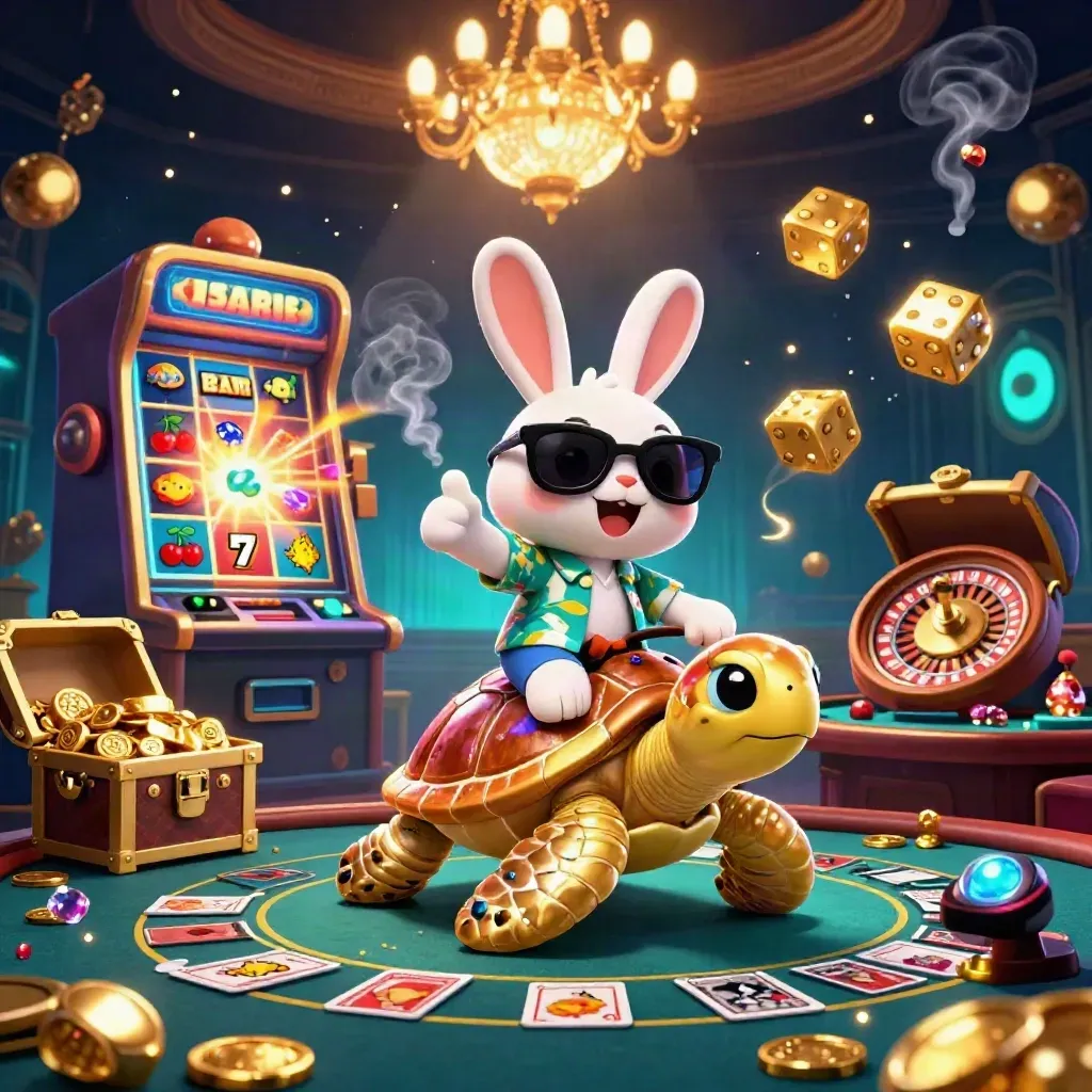 Lucky rabbit rides a golden turtle amid casino magic, slot bursts, roulette, cards, gold glow