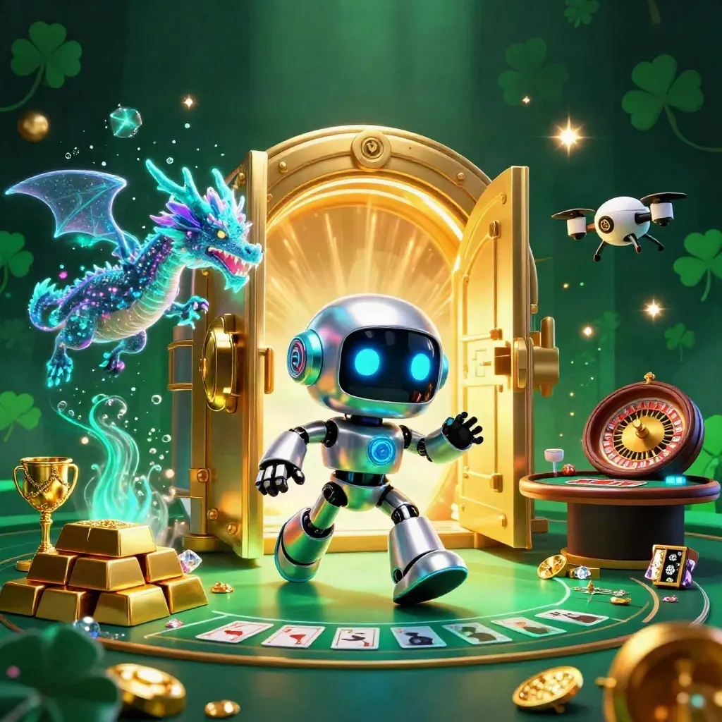 Cyberpunk robot, holographic dragon and coin drone amid a neon treasure vault splash scene.