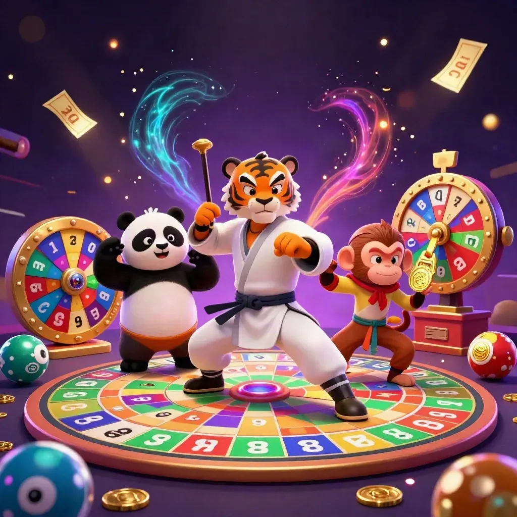 Tiger, panda, and monkey in a neon casino with spinning games and golden effects.