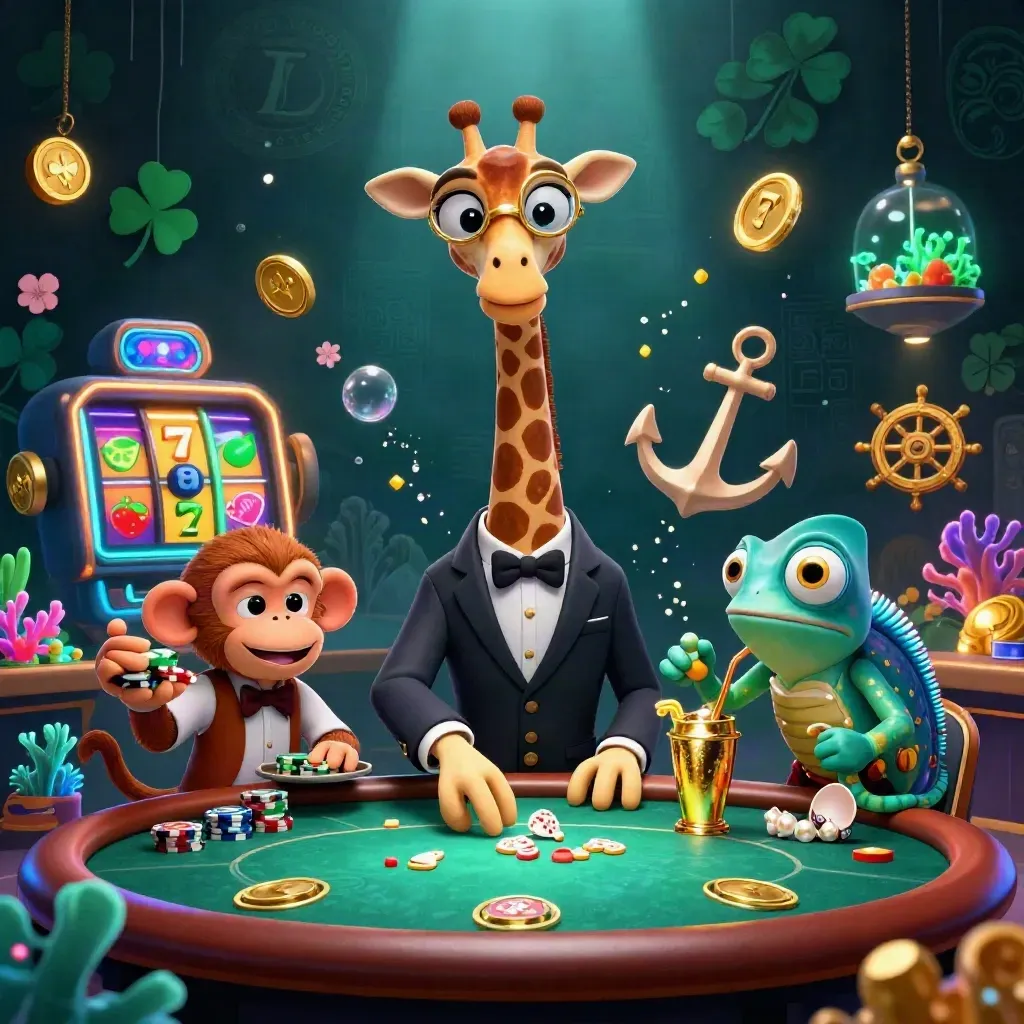 Giraffe, monkey, and chameleon at a glowing underwater casino table with treasure and neon effects