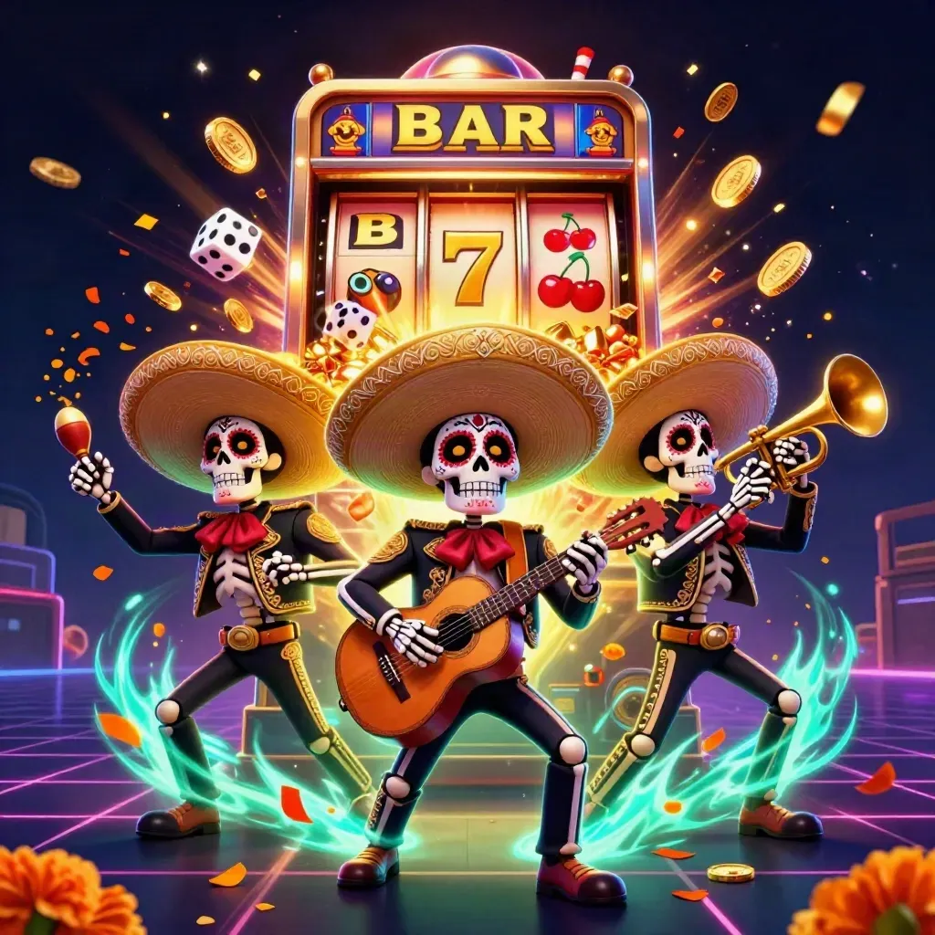 Skeleton mariachi trio amid exploding slot machine, gold, gems, and cyan casino glow