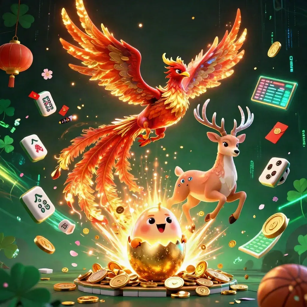 Fire phoenix, baby phoenix, and crystal stag amid gold coins, fireworks, and casino treasures.