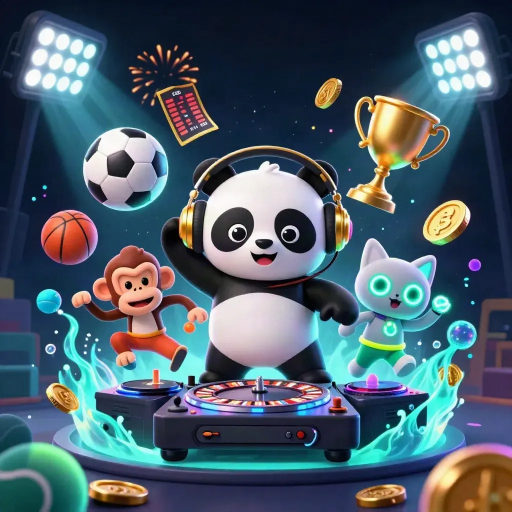Panda DJ, dancing monkey and glow kitten amid coins, balls, trophy and neon casino lights