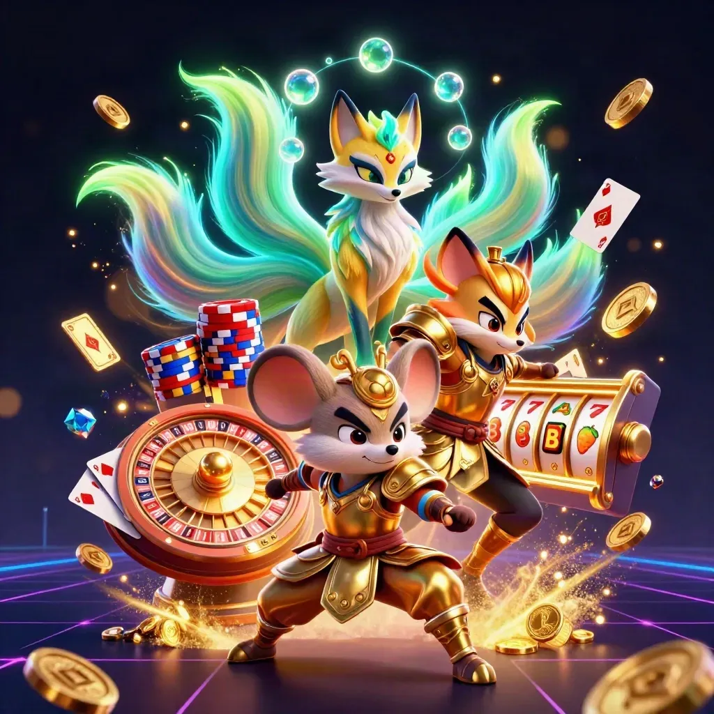 Neon fox spirit and armoured samurai mouse amid casino coins, chips, cards and glowing reels
