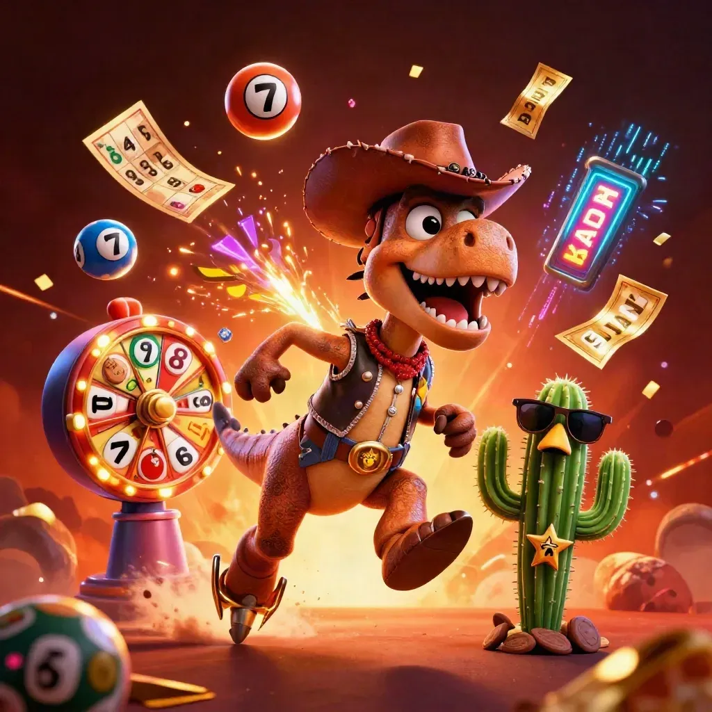 Cowboy T-Rex, cactus sidekick and sheriff roadrunner amid casino reels, balls and glowing sparks.