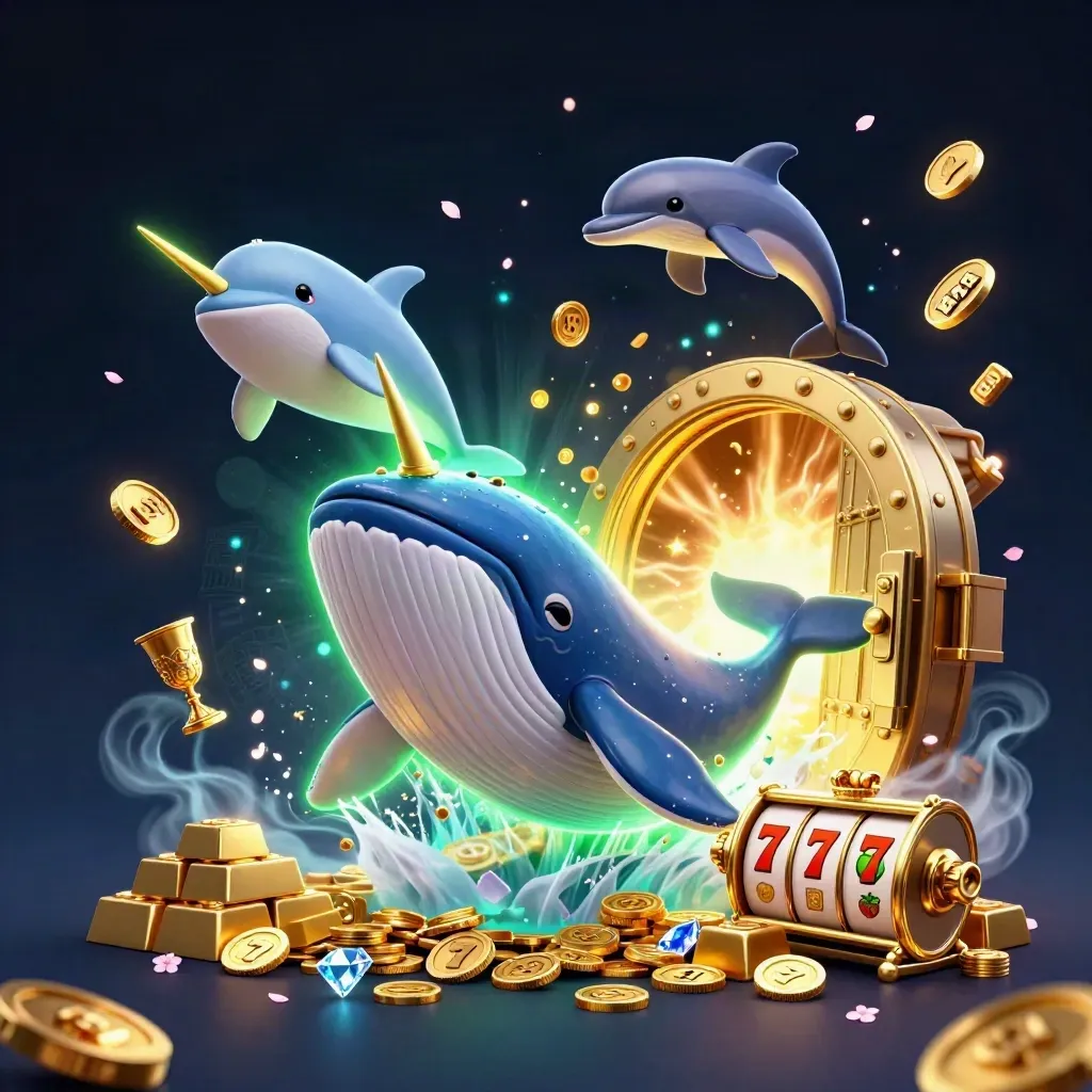 Whale captain, narwhal, and dolphins burst from coins around a glowing vault