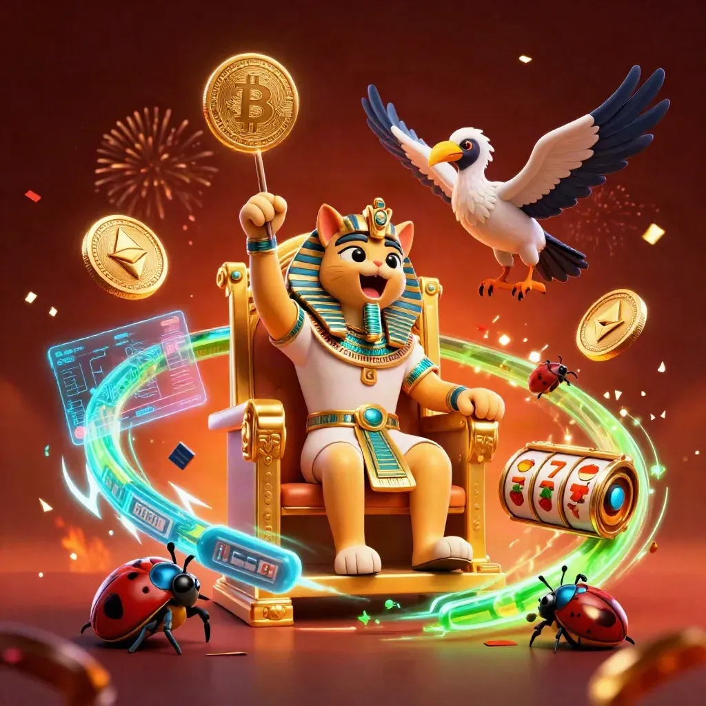 Pharaoh cat on throne with ibis scribe, scarabs, coins, and casino effects