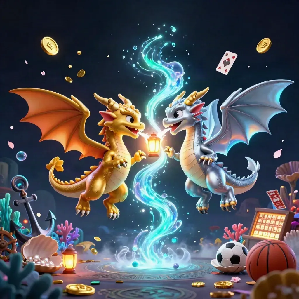 Twin gold and silver dragons with treasure, coral, cards, and glowing casino props