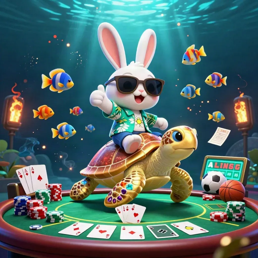 Lucky rabbit on a golden sea turtle with chips, cards, fish, and casino glow.