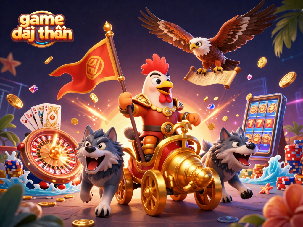 Game đổi thưởng illustration featuring a rooster warlord and casino elements like coins and roulette.