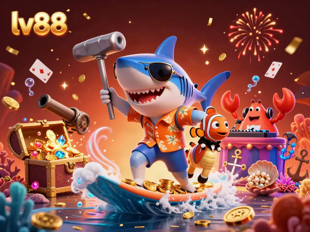 Engage with lv88's vibrant casino experience, showcasing animated marine characters in a dynamic gold-themed underwater scene.