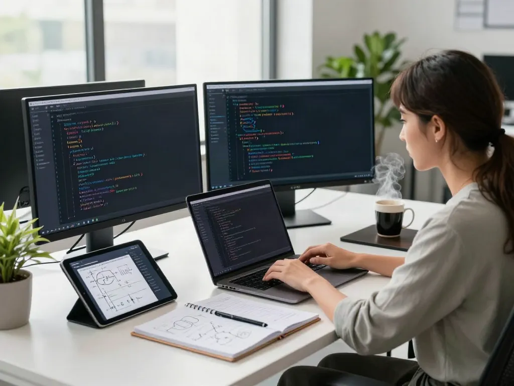Developer working on instant indexing tools in a modern office.
