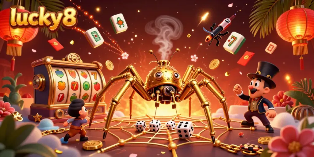Catch thrilling slots and jackpots at lucky8 while a golden spider weaves its web of riches.