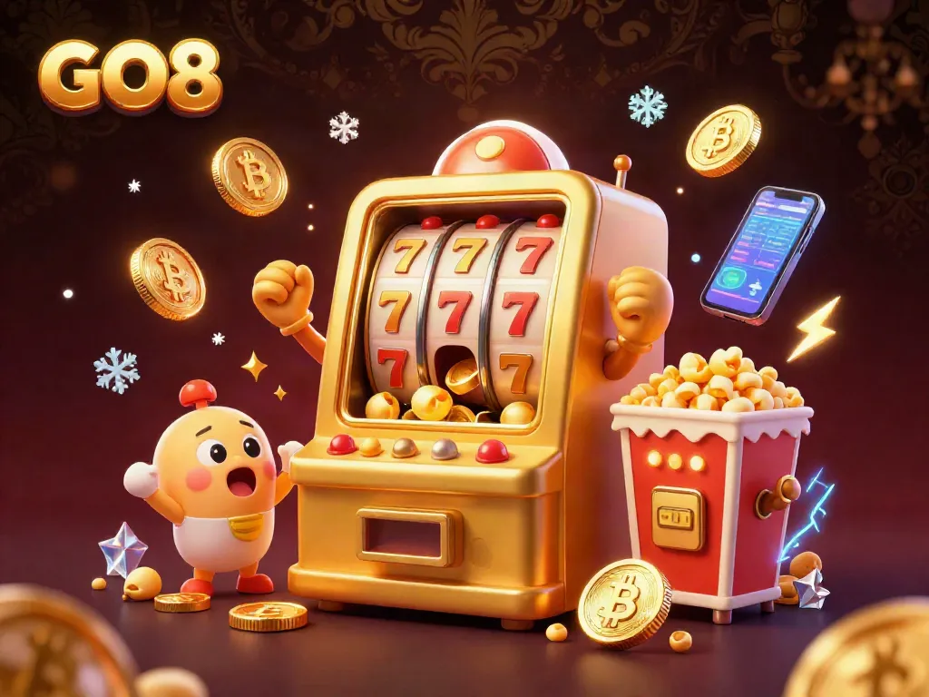 GO8 slot machine celebrates a jackpot with coins overflowing while being cheered on by mini machines and a popcorn machine.