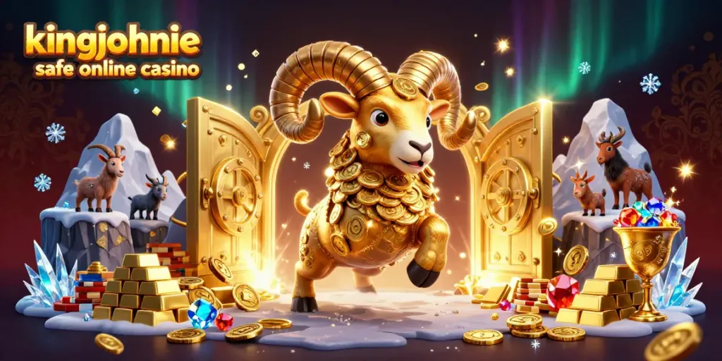 Engage with the thrilling kingjohnnie safe online casino experience featuring a golden ram charging through a treasure vault.