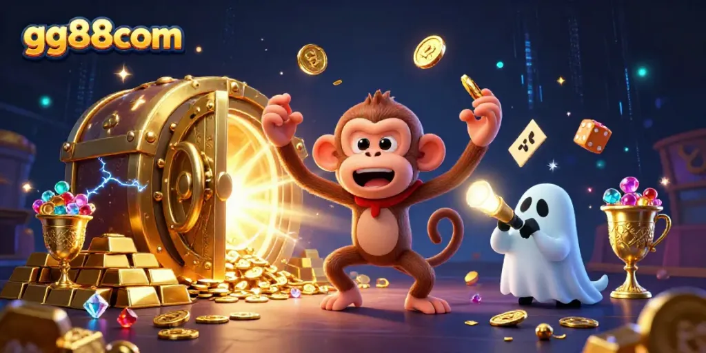 Experience the excitement of gg88com in a 3D casino scene with playful characters and golden treasures.
