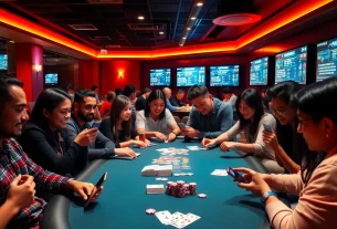 Scene showcasing topgamebaidoithuong.mx's vibrant gaming lounge with players engaged in card games.