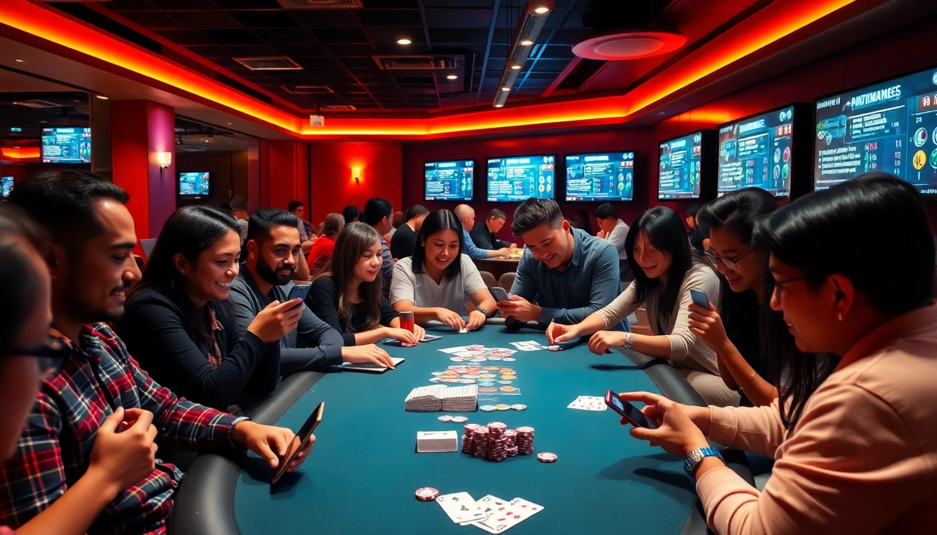 Scene showcasing topgamebaidoithuong.mx's vibrant gaming lounge with players engaged in card games.