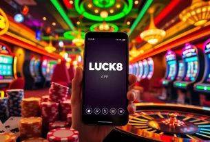 Engage with the LUCK8 APP at a vibrant casino filled with poker chips and slot machines.
