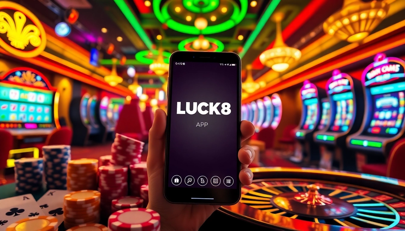 Engage with the LUCK8 APP at a vibrant casino filled with poker chips and slot machines.