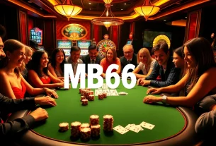 Players enjoying high-stakes poker at a luxurious casino table featuring MB66 themes.